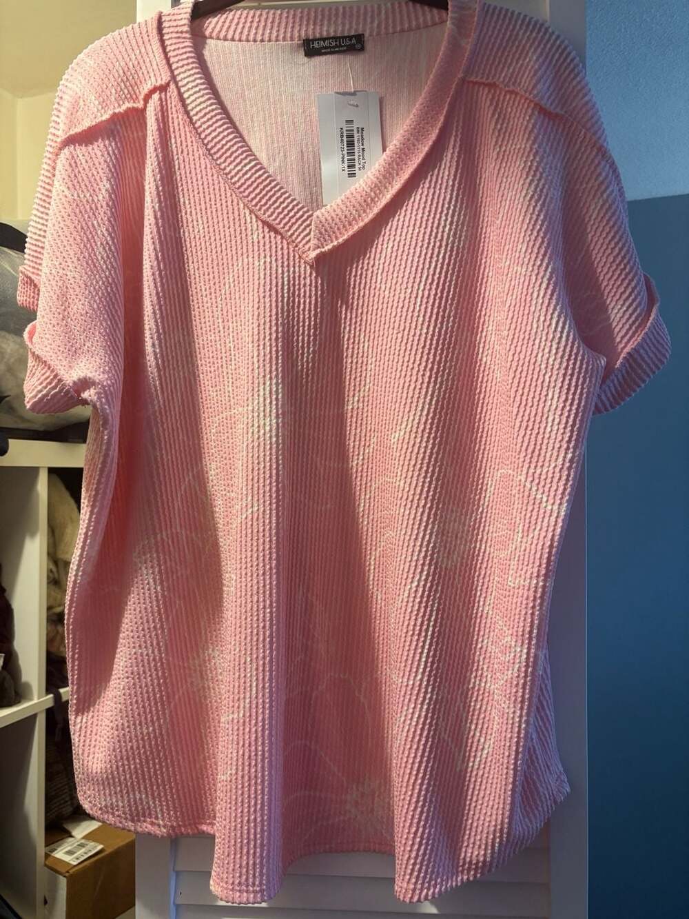 Heimish USA Meadow Mood Top Pink 1X Short Sleeve V-Neck Waffle Knit Shirt